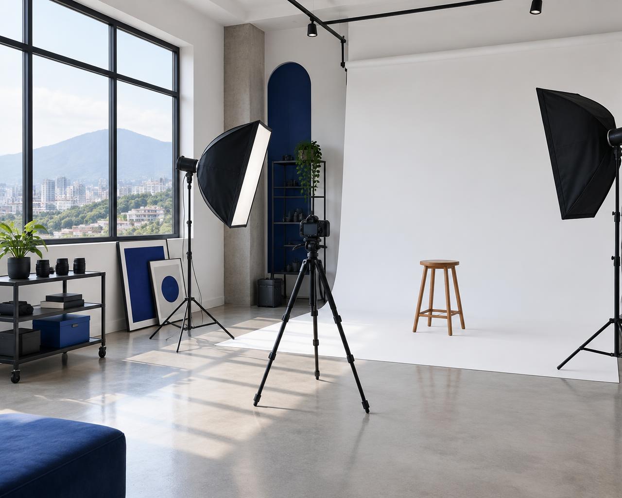 Bright studio with a white backdrop, softbox lights and a camera on a tripod
